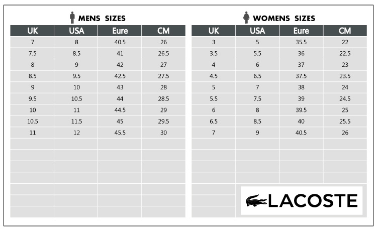 lacoste slides size chart