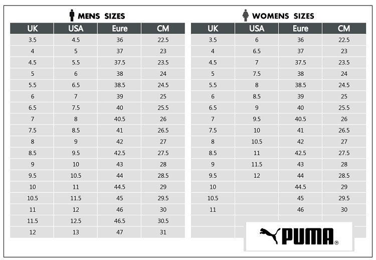 Puma Ladies Shoes Size Chart